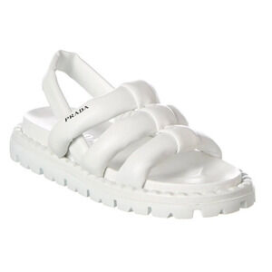 Prada Blow White Padded Leather Logo Strappy Slingback Sport Sandal Flat 39.5